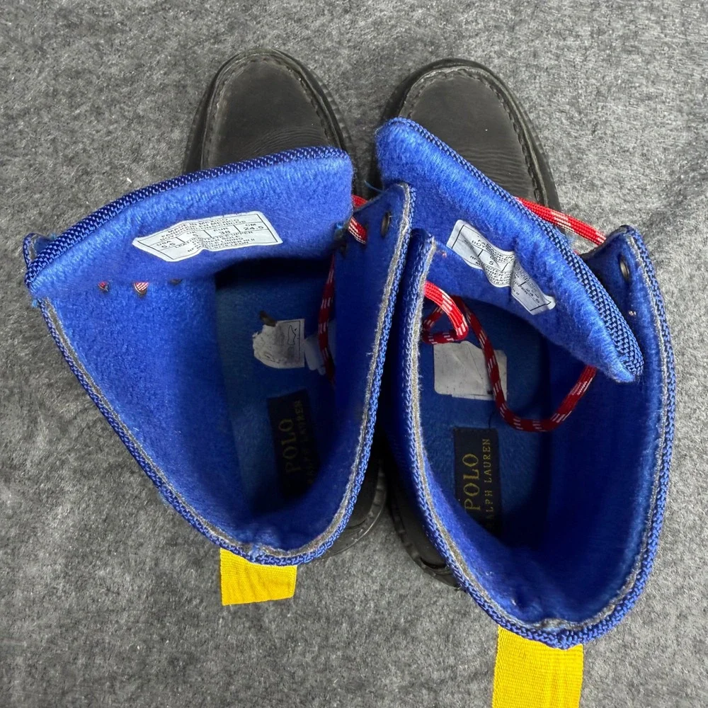 Polo Ralph Lauren Ranger Hi II Boys Boots Black Blue Leather USA Ski Patch 5.5Y